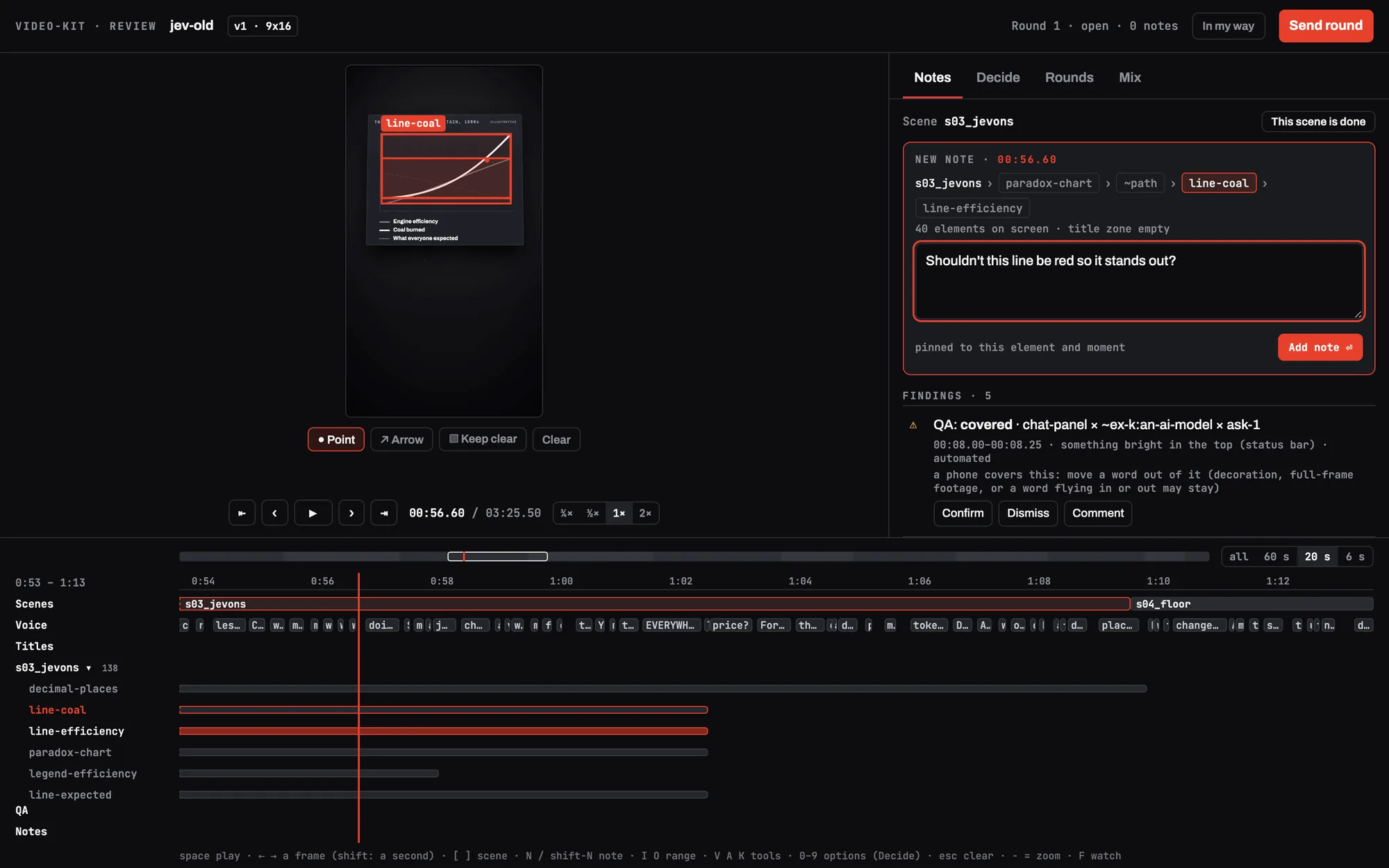 The first review page: a small vertical video in the middle left, a panel on the right with Notes, Decide, Rounds and Mix tabs, a list of flags, a timeline across the bottom with a row per element, and a line of keyboard shortcuts.