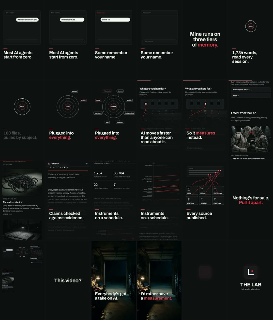 A grid of 22 frames from the final reel, one every two seconds, from the forgetting chat window to the end card.