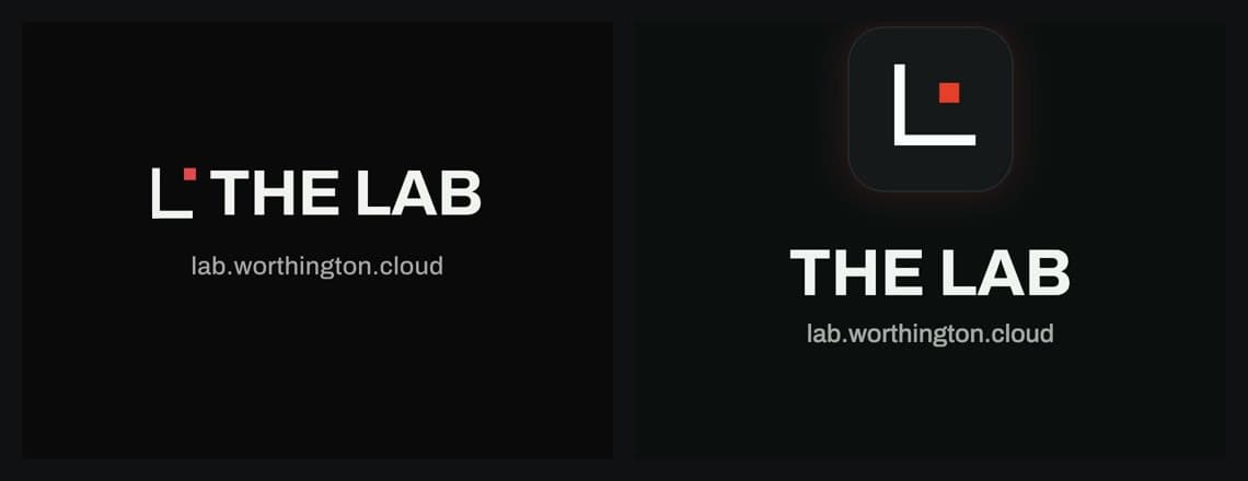 Left: the logo mark beside the words THE LAB, where it reads like a letter L. Right: the mark inside a rounded tile, above THE LAB.