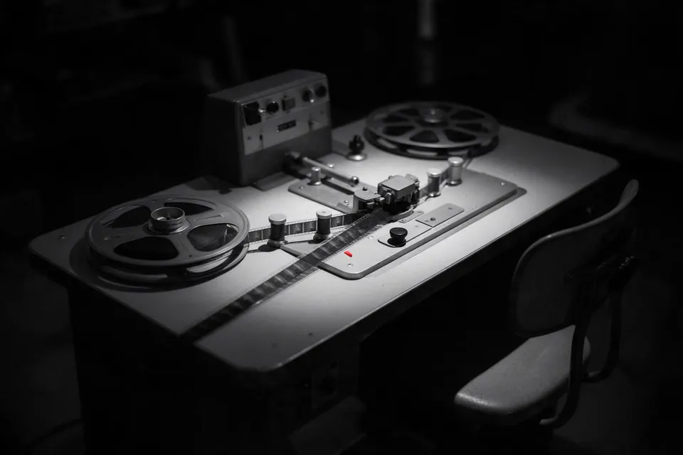 A vintage flatbed film-editing bench at night, film threaded through the splicer and the operator's stool empty, one red grease-pencil mark on the film.