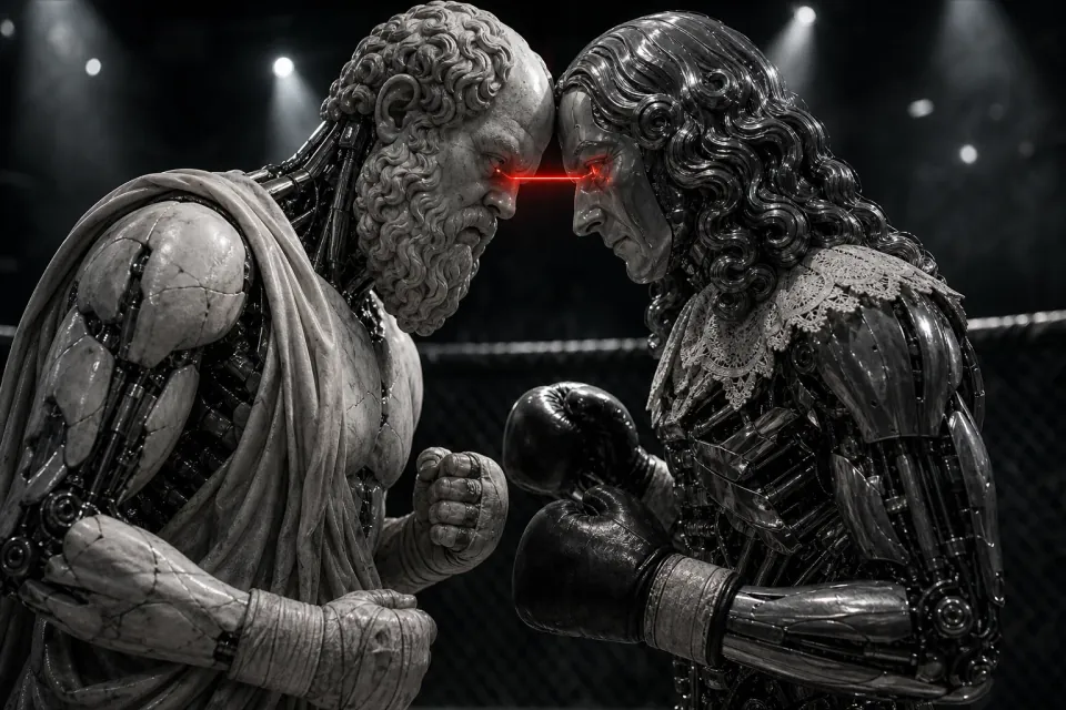 Two philosophers carved in marble and steel, forehead to forehead in a fighting cage, one red line between their eyes.