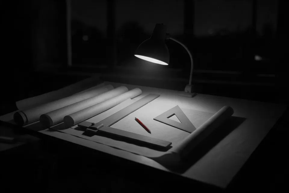 A drafting table at night under one lamp: rolled blueprints, a T-square, a set square, one red pencil.