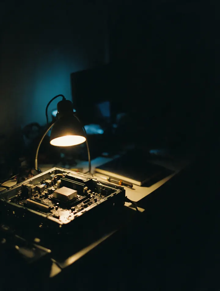 An open computer chassis on the bench under the lamp, a screwdriver and a closed notebook beside it.