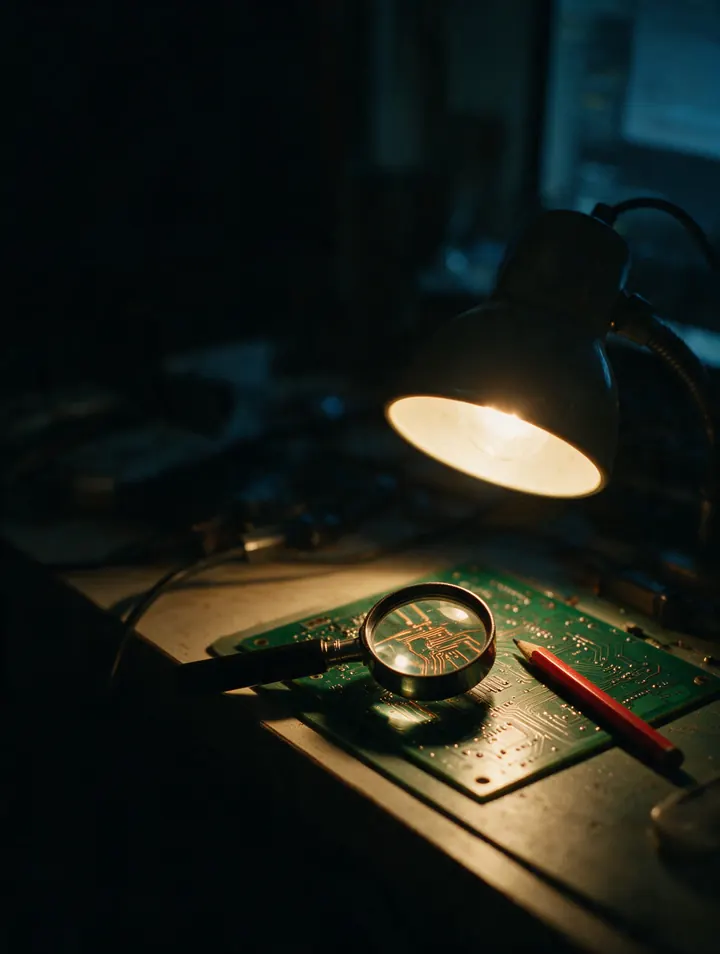 A jeweler’s loupe resting on a circuit board, a red pencil beside it.