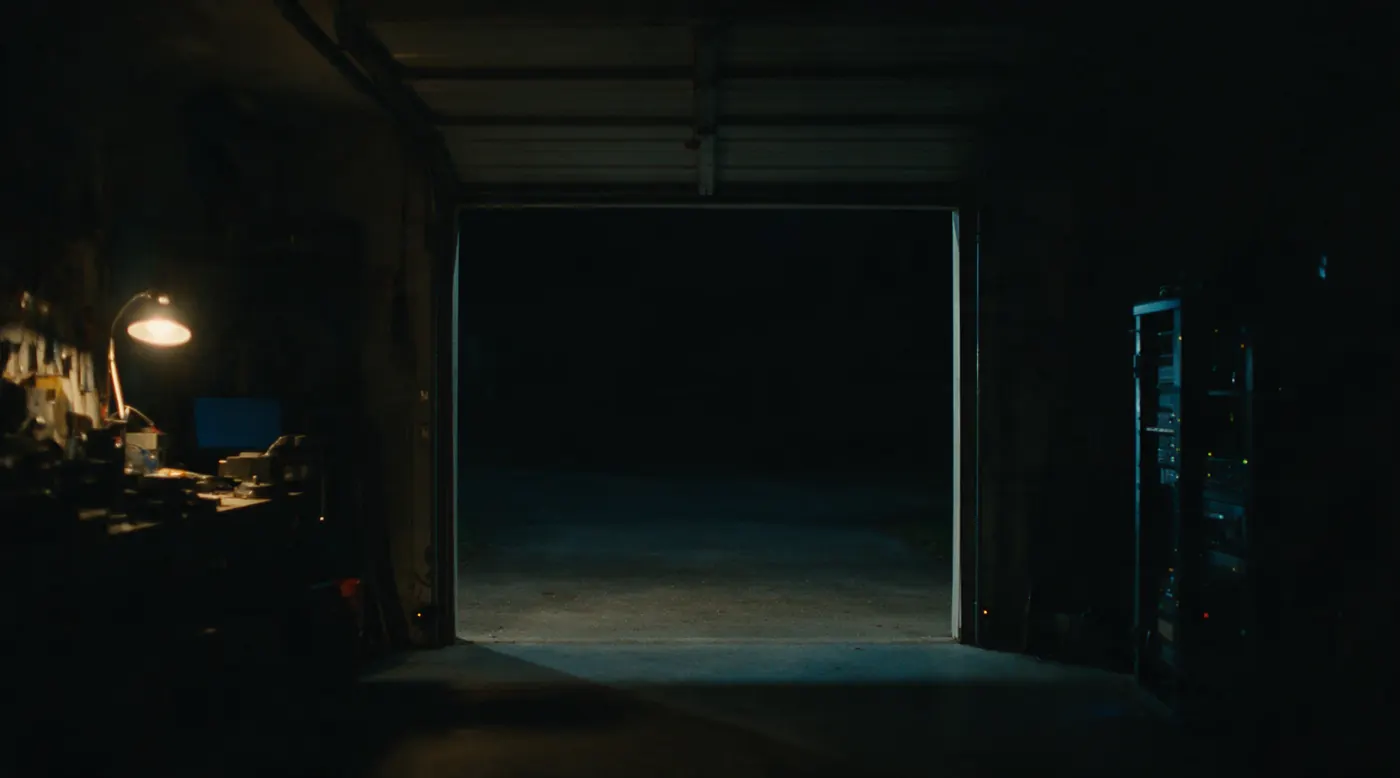 A garage workshop at night, its door rolled open onto a dark driveway, the bench lamp on.